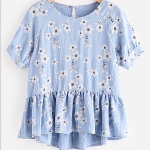 Blue Floral Button Back Peplum Top size medium